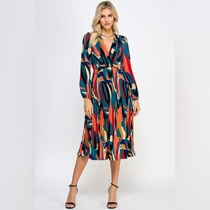 Abstract Multi-Color V-Neck Midi Dress in Teal & Orange